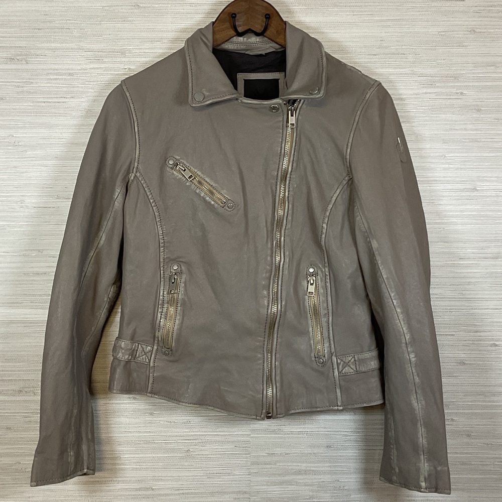 Women's Mauritius Sofia RF Lambskin Leather Biker Moto Jacket Distressed Grey 8